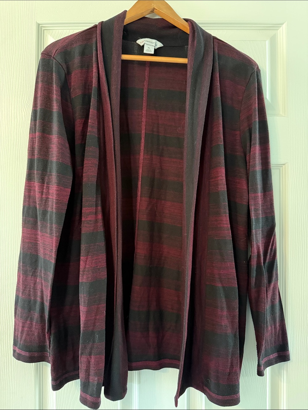 Liz Claiborne Burgundy and Charcoal Striped Open-Front Cardigan